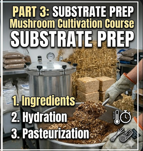 Mushroom cultivation course poster with substrate preparation steps and ingredients.