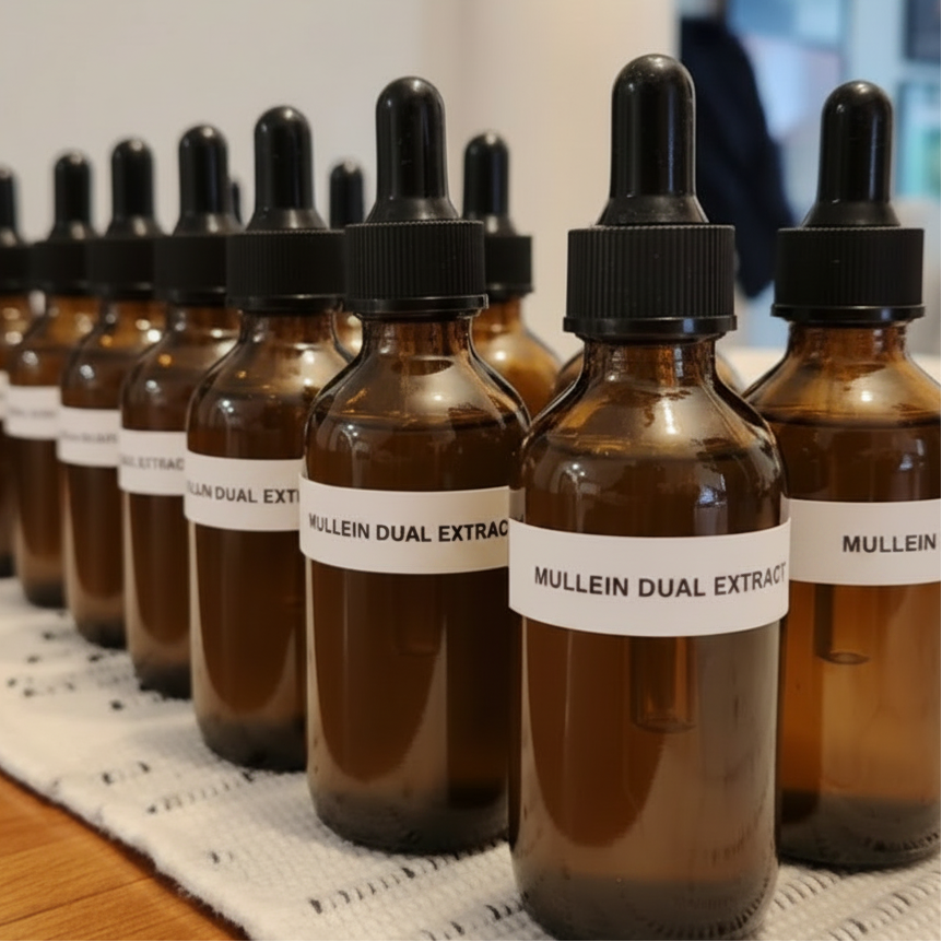 Row of brown bottles with black droppers labeled 'Mullein Dual Extract' on a white surface.